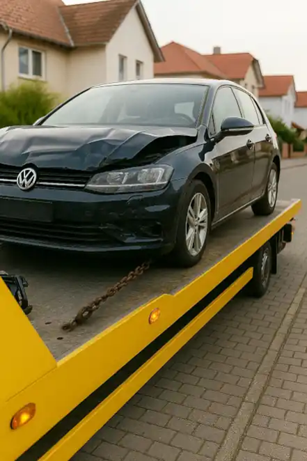 Ein defektes Fahrzeug wird professionell abgeschleppt als Teil des umfassenden Autoankaufs in Griesheim, der auch Autos mit Schäden berücksichtigt.