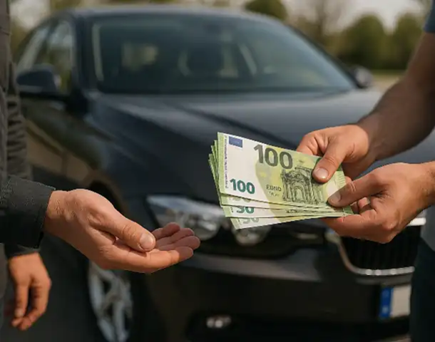 Ein Kunde erhält eine Barzahlung beim Autoankauf in Griesheim, was den schnellen und unkomplizierten Verkaufsprozess unterstreicht.